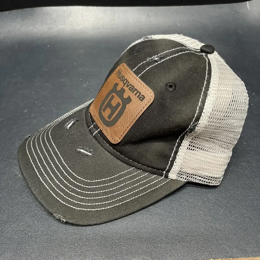 Husqvarna Trucker Hat Distressed Black Cap Patch Logo Strapback Mesh Back